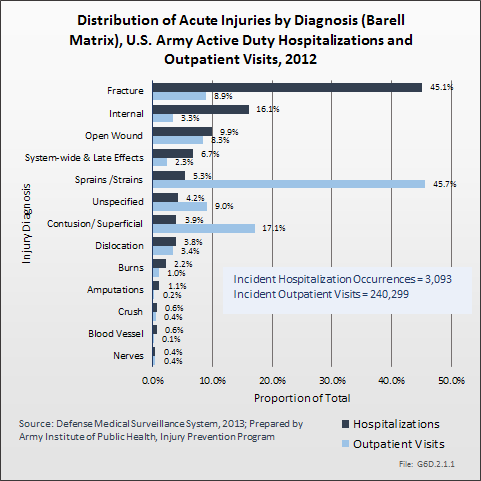 Distribution of Acute Injuries by Diagnosis (Barell Matrix), U.S. Army Active Duty Hospitalizations and Outpatient Visits, 2012