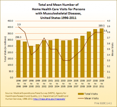 Total and Mean Number of Home Health Care Visits for Persons with Musculoskeletal Diseases, United States 1996-2011