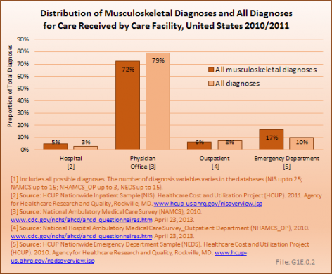 Distribution of Musculoskeletal Diagnoses and All Diagnoses for Care Received by Care Facility, United States 2010/2011