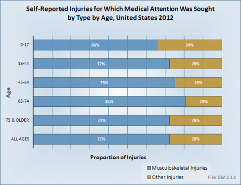 Self-Reported Injuries for Which Medical Attention Was Sought by Type by Age, United States 2012